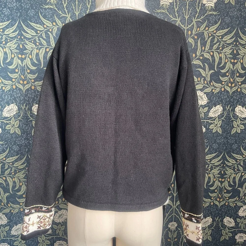 Vintage Grandma Chic Cardigan Black & White Beaded Cotton Ramie Button Up - Picture 5 of 9